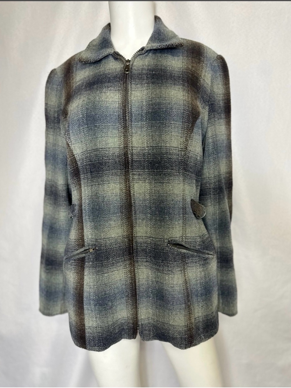 New Frontier Blue and Gray Plaid Zip-Front Blazer Jacket
